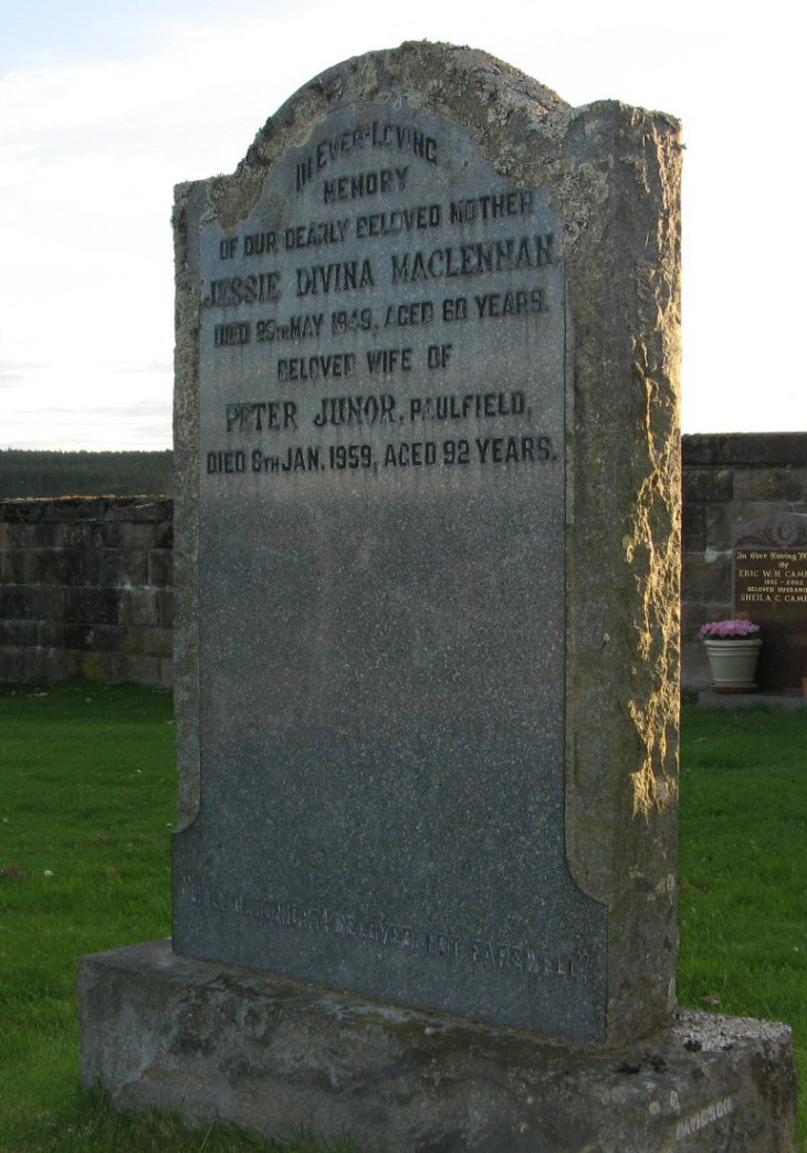 Photo of headstones/Jessie Divina McLennan died 1949 MI Tore Burial Ground, Killearnan